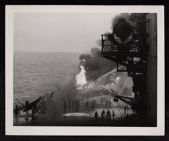 First hit (Kamikaze) on USS Saratoga during Battle of Iwo Jima (Feb 1945).